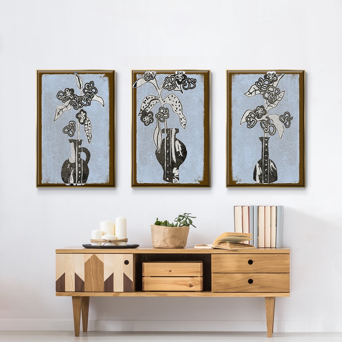 Graphic Flowers in Vase I - Framed Premium Gallery Wrapped Canvas L Frame 3 Piece Set - Ready to Hang