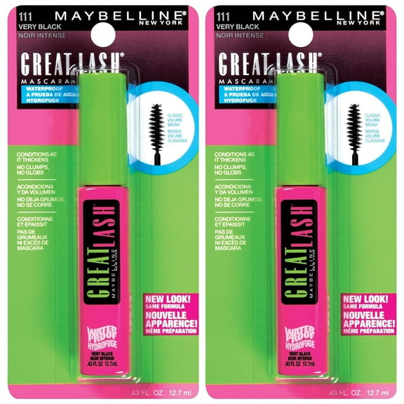 Maybelline Great Lash Waterproof Mascara Makeup, Volumizing Lash-Doubling Formula That Conditions As It Thickens, Very Black, 2 Count