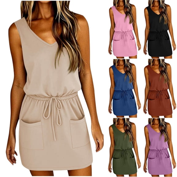 JoveMarine Dresses for Women Summer Casual V-Neck - Drawstring Waist Short Beach Vacation T-Shirt Dress with Pockets, Sleeveless Lightweight,Army Green L
