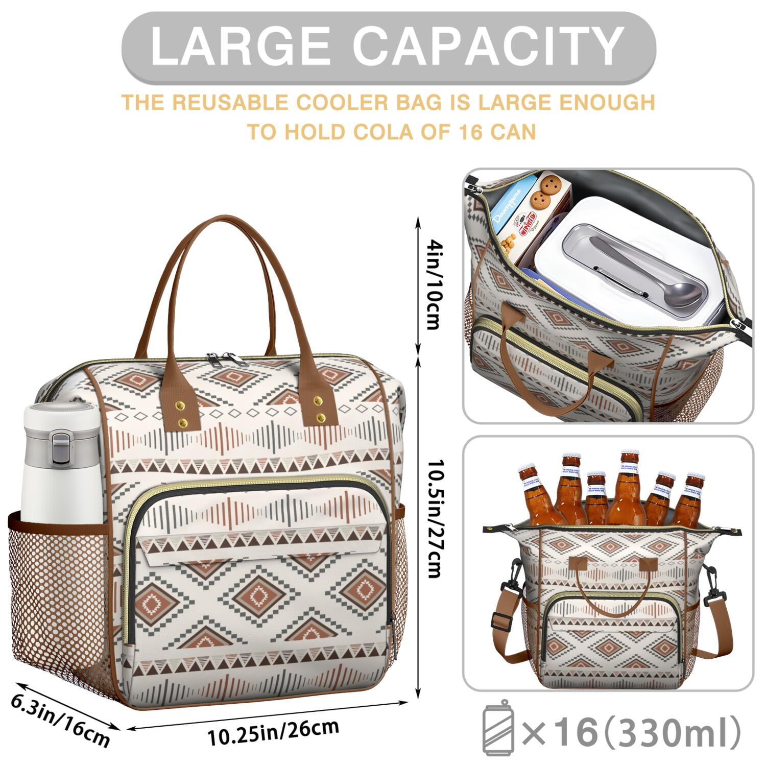 Bohemian Reusable Lunch Tote for Women, Insulated Large Cooler Bag with Retro Style, Dual Compartments & Shoulder Strap for Office, Travel or Gifts
