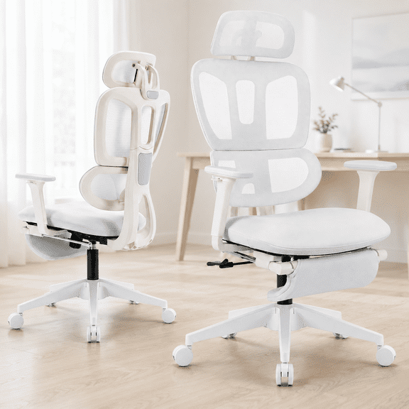 Ergonomic Office Chair with Footrest, High Back Mesh Desk Chair with Adjustable Headrest & Armrests, 90°-135° Reclining Computer Chair with Lumbar Support and Rocking Function, Blue