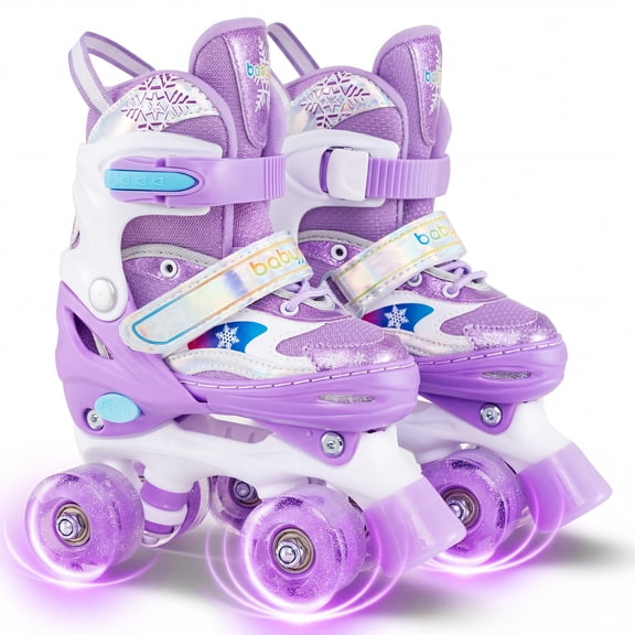 Gymax Kids Roller Skates 4 Sizes Adjustable Quad Skates w/Light-up Wheels for Sports Purple