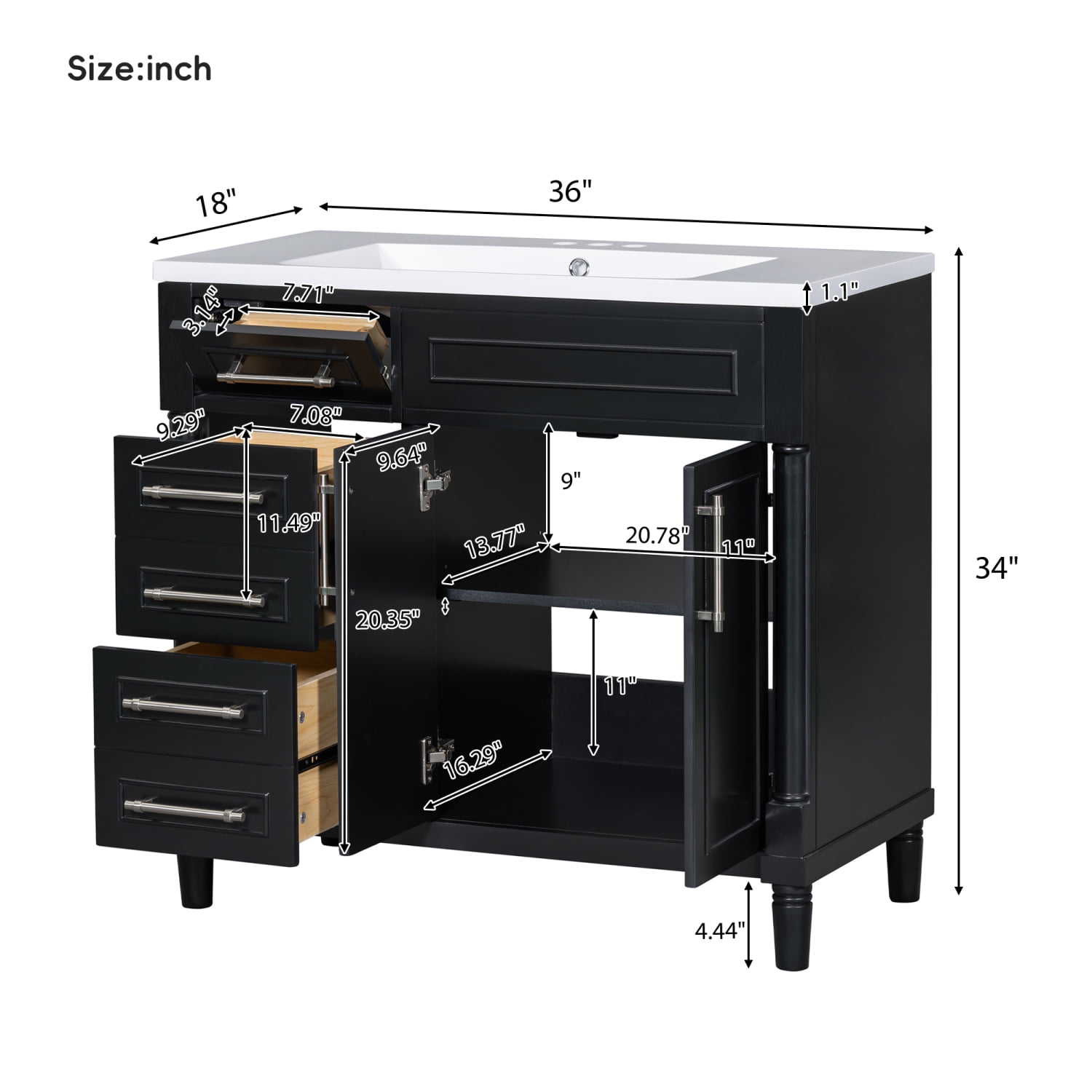 Harper & Bright Designs 36'' Bathroom Vanity with Top Resin Sink, Bathroom Storage Cabinet with 2 Drawers and Tip-out Drawer, Solid Wood Frame Vanity Set with Adjustable Shelf, Black