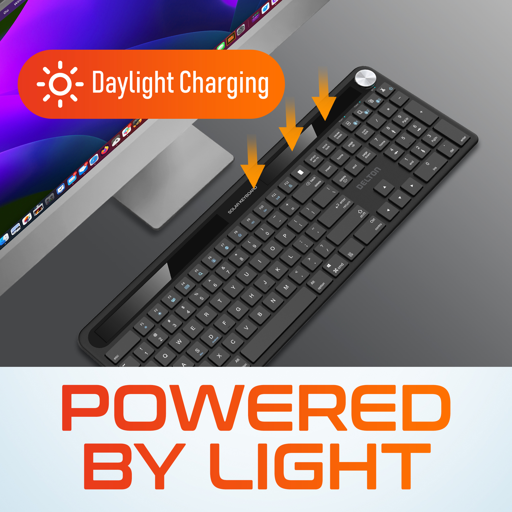 Delton KB90 Wireless Solar Rechargeable Keyboard, Bluetooth Keyboard for Computer/Desktop/PC/Laptop/Windows - Black