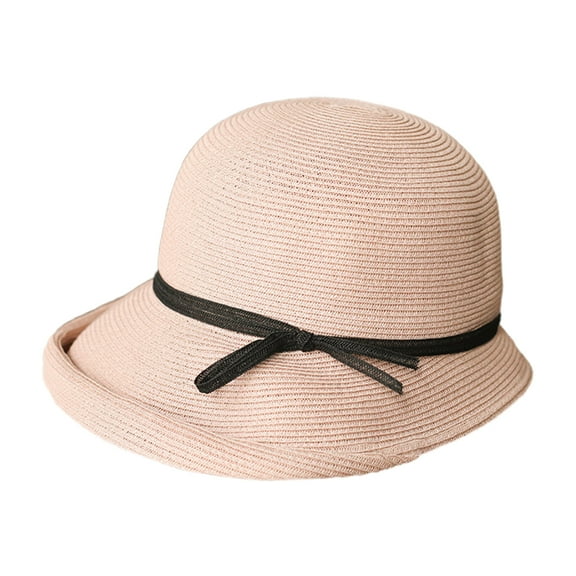 JUNTEX Women Hepburn Retro Sun Hat Contrast Color Bowknot Roll Brim Foldable Bucket Cap