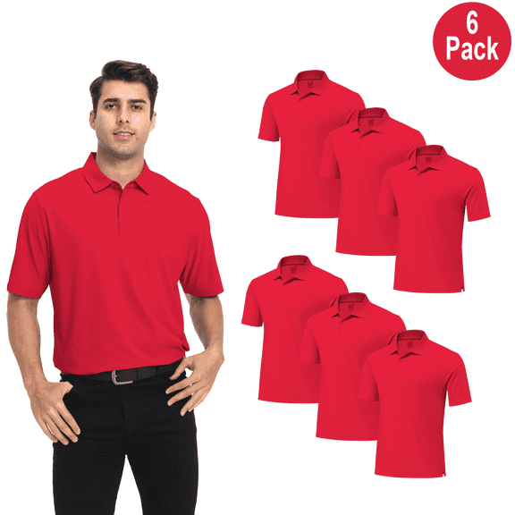 Zfeel Men's Pure Dry Fit Poly Polo Shirt, High Performance Short Sleeve Durable Red Tee, S, 6 Pack