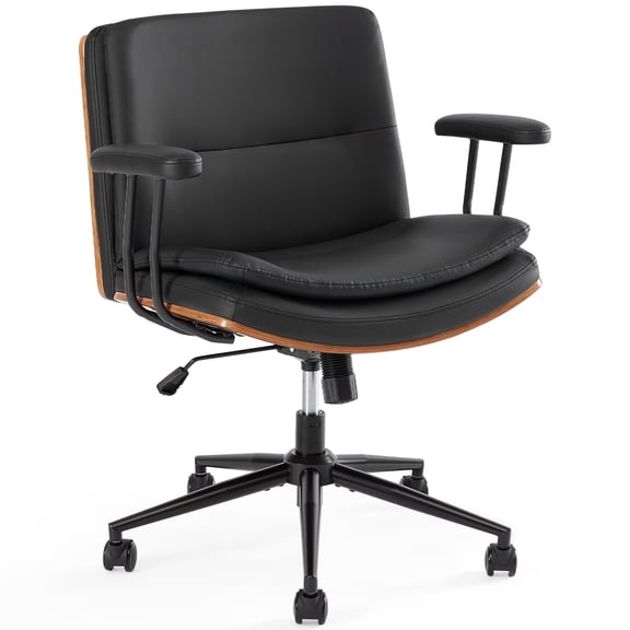 Home Office Desk Chair with Armrests & Wheels, Modern Walnut Swivel Rolling Executive Task Chair, PU Leather Vanity Chair with Lumbar Support, Height Adjustable Ergonomic Computer Chair (Black)