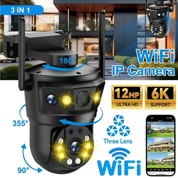 12MP 6K Triple-Lens Security Camera - 3-Way PTZ View, Auto Human Tracking, Two-Way Audio, IP66 Waterproof