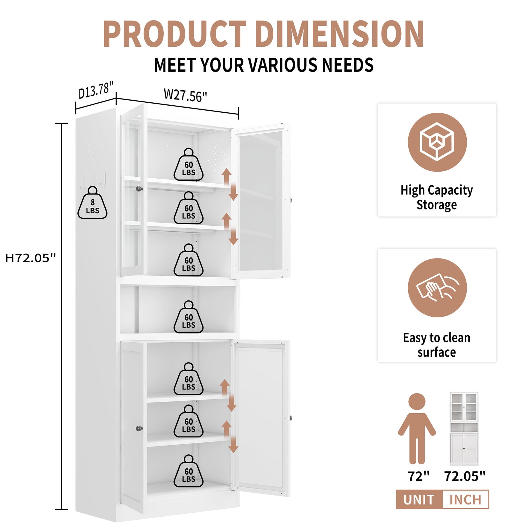 S-HOME Freestanding Metal Kitchen Pantry Cabinet - 72 Inch Tall White Storage with Adjustable Shelves for Kitchen or Bathroom