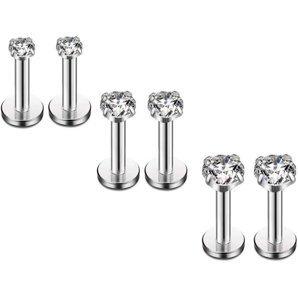 HSHDLDF 16G Diamond CZ Lip Rings Labret Monroe Nose Tragus Helix Ear Piercing Jewelry Surgical Stainless Steel 2/3/4mm CZ 6mm Bar Length 3 Pairs Set