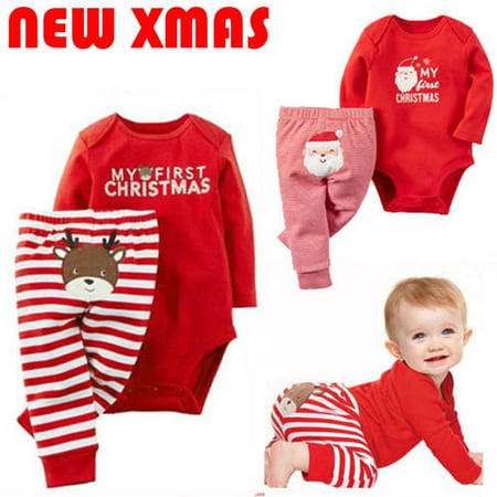 Newborn Baby Girls Boy Christmas Clothes Set Long Sleeve Top Romper Bodysuit+Pants Outfit Kids