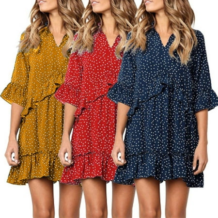 Flocked Dot Dress - Polka Dot Design Women Short V Neck Womens Dress Polka Dot Design