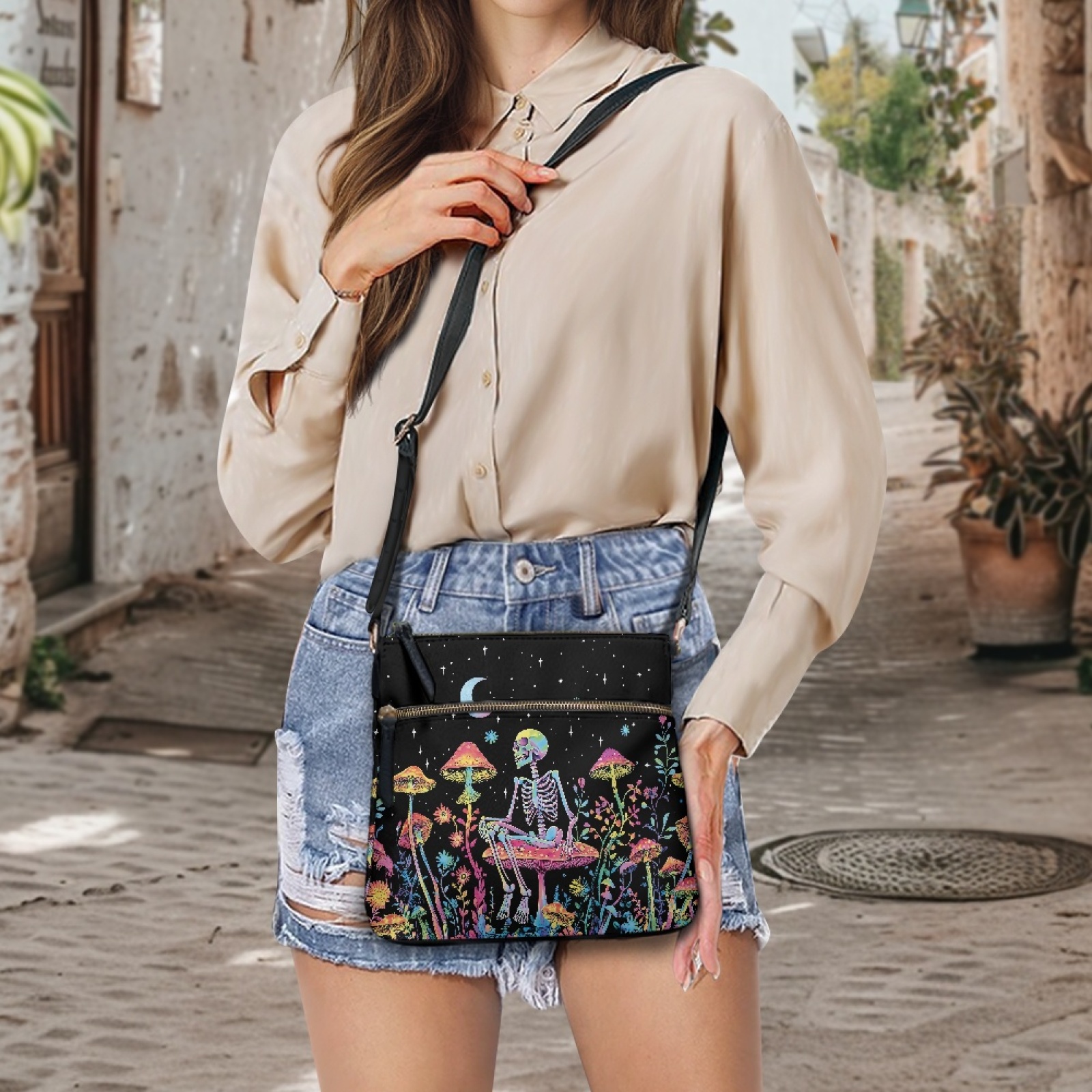 LedBack Skull Print Women's Crossbody Bag Leather Shoulder Handbag Sling Satchel Purse Multi Pocket Hobo Bag with Adjustable Shoulder Strap, Black
