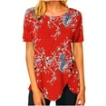 thumbnail image 2 of Wycnly Womens Tops Dressy Casual Vintage Striped Irregular Button Hem Breathable Comfy Tunic Shirts Summer Short Sleeve Crewneck Tops Floral Print Blouse Red l, 2 of 5