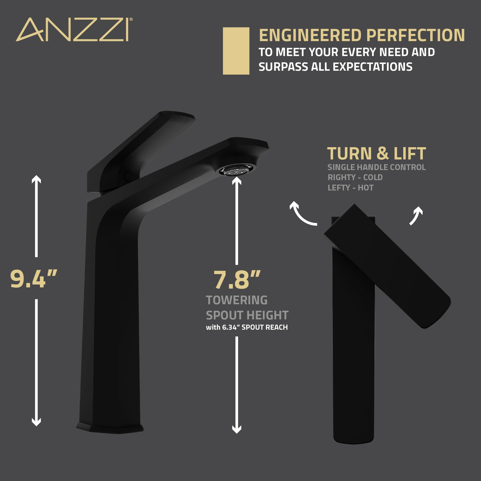ANZZI Single Handle Single Hole Bathroom Vessel Sink Faucet With Pop-up Drain in Matte Black