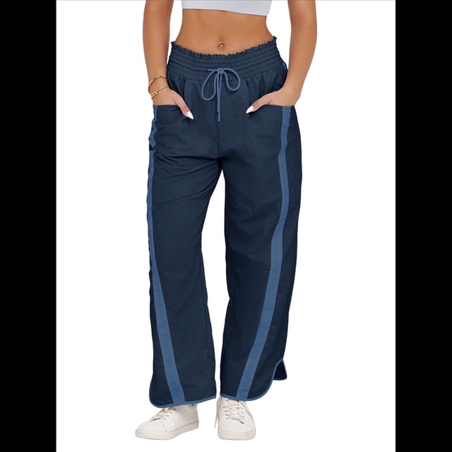 Pantalones Deportivos Holgados de Pierna para Mujer, Informales, con Cordón Ajustable y Cintura Elástica, en Colores Contrastantes, Estilo Y2K. Azul Oscuro XXL