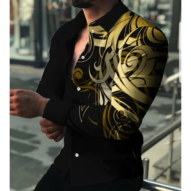 2024 nueva camisa social de lujo para hombres, camisa con botones de solapa, estampado casual, manga larga, cárdigan de fiesta para hombres, top de calle