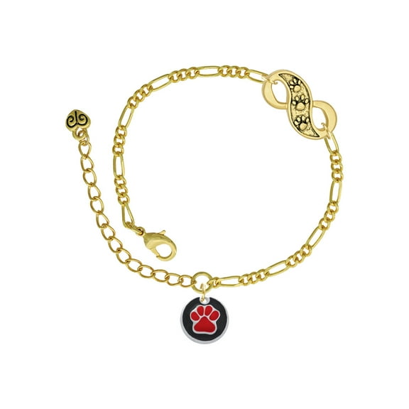Delight Jewelry Silvertone Red Paw on Black Disc Gold-tone Paw Infinity Link Chain Bracelet, 6" 2" Extender