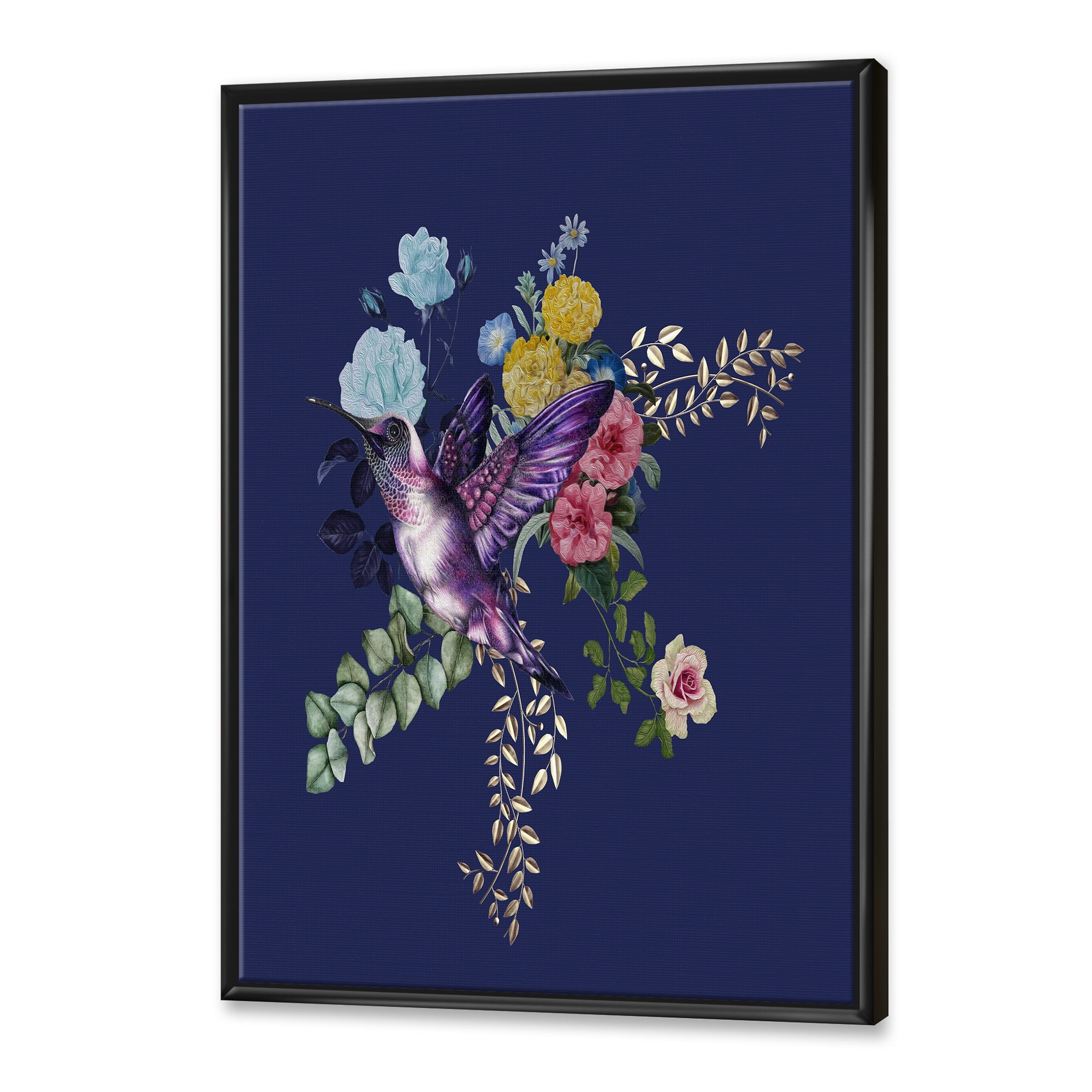 Designart 'Little Bird Sitting On Colourful Bouquet Of Wildflowers I' Traditional Framed Canvas Wall Art Print