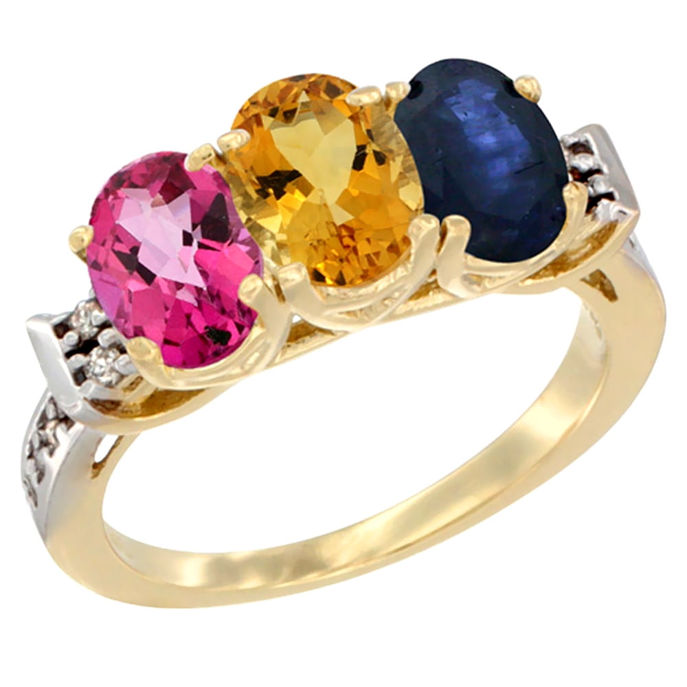 10K Yellow Gold Natural Pink Topaz, Citrine & Blue Sapphire Ring 3-Stone Oval 7x5 mm Diamond Accent, sizes 5 10 by WorldJewels