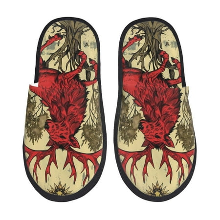 Balery Mythical Red Stag Illustration Slient Indoor Furry Fleece Comfort House Shoes Soft Non-Slip Home Shoes Cotton slippers House Slippers-- Medium