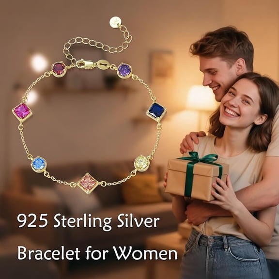 THOYAS Birthstone Bracelet for Women, 925 Sterling Silver Plated 18k Gold Round/Square-Cut 5A Colored Cubic Zirconia Bracelet, Exquisite Jewelry Anniversary Birthday Gift for Wife Mother 7 2 "