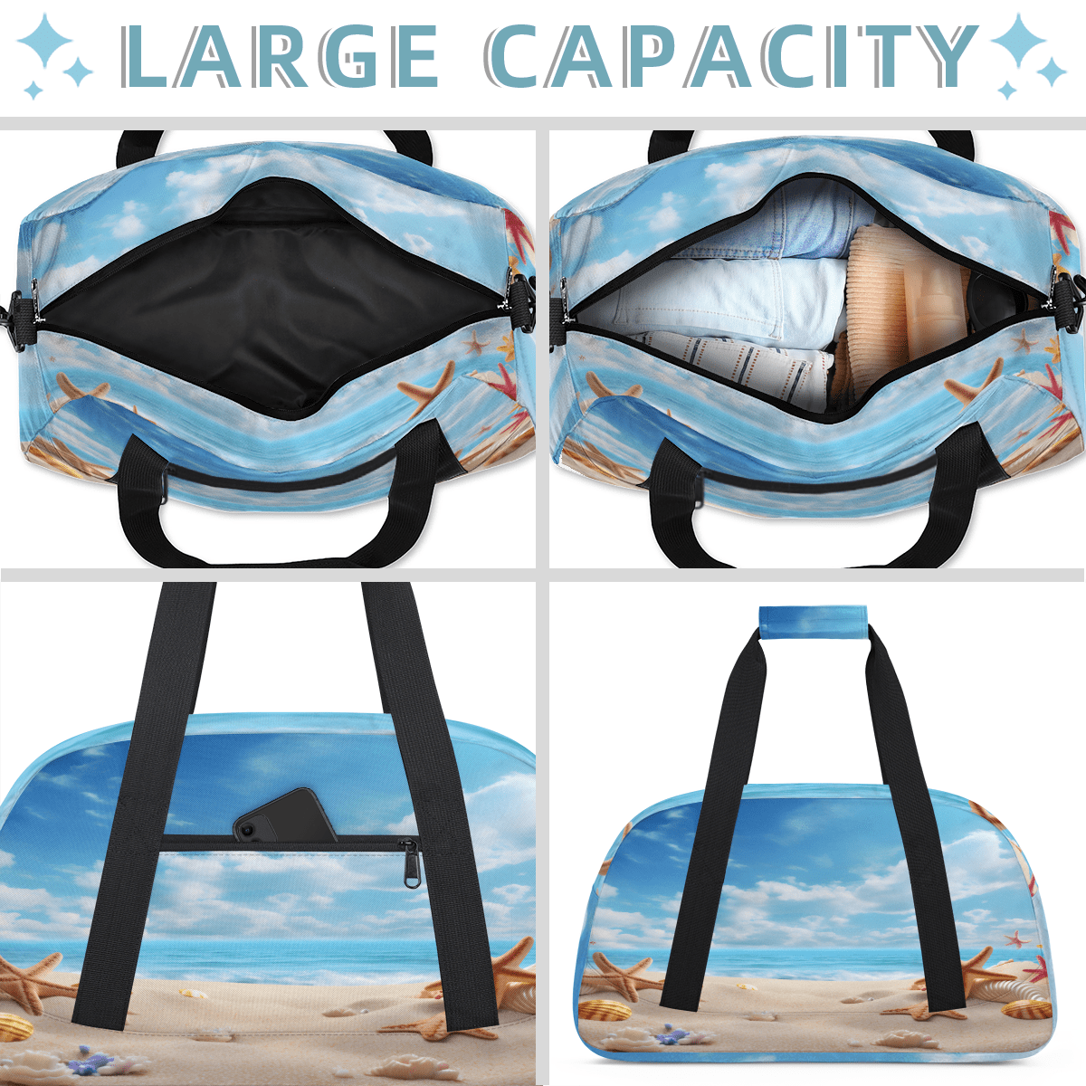 Herdesigns Ocean Beach Seashell Starfish Sports Duffle Bag for Women & Men, Nautical Coastal Gym Bag Dance Bag Overnight Bag Carry On Weekender Travel Bag