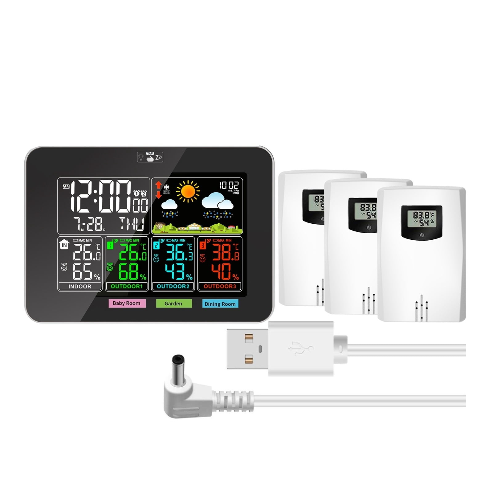 Wireless Weather Station with 3 Remote Sensors, VA Color Display 4-Zone Monitor
