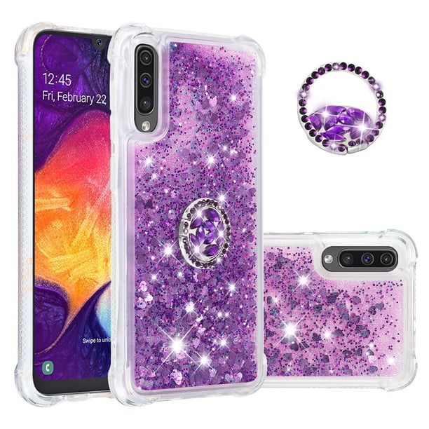 Funda para Samsung Galaxy A30/A50/A50S con Brillo Líquido Flotante, Purpurina, Parachoques y Anillo Giratorio Soporte
