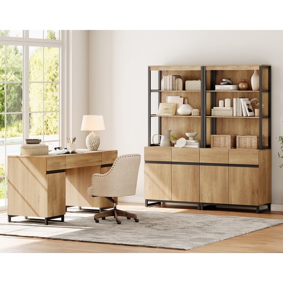 WAMPAT Home Office Set: 59" Modern Desk with Charging Station and Storage Cabinet, 72" Tall Bookcases with Adjustable Shelves, Wood Computer Desk and Library Storage Cabinet for Work Study, Oak