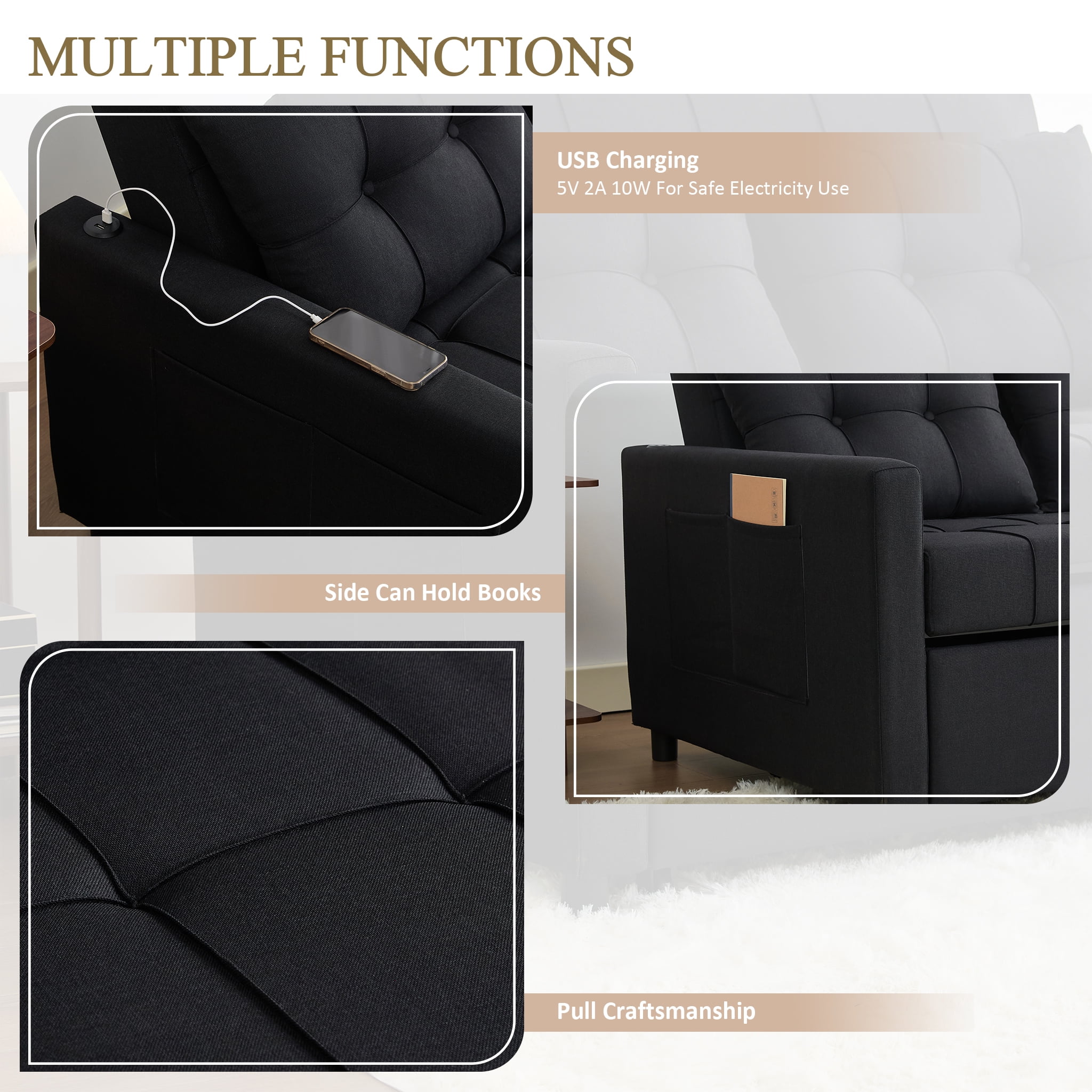 LAKPS 52" Linen 3-in-1 Convertible Sleeper Sofa with Pull-Out Bed, Stepless Adjustable Backrest & Side Pocket - for Family, Living Room, Dorm, Apartment, Linen, Black