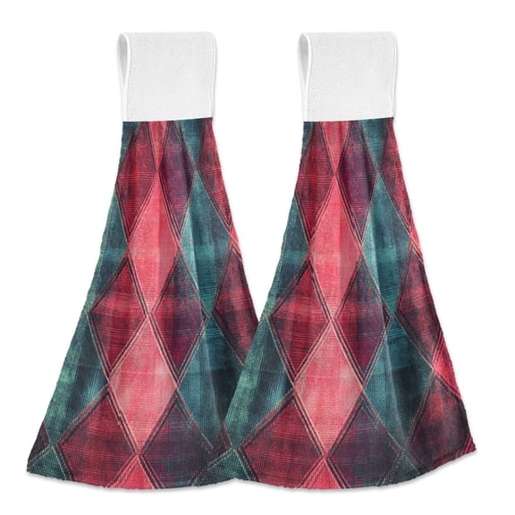 Yayeee Kitchen Hanging Hand Towels Set of 2 with Loop Bathroom Absorbent Tie Towel, Vibrant Green Tartan Pattern