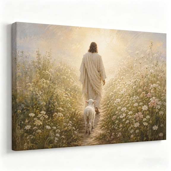 Jesus The Good Shepherd With Lamb Canvas Wall Art, Christian Faith Decor, Serene Wildflower Meadow Biblical Artwork For Home Chapel, Living Room, Bedroom, Ready To Hang 8*12inch(20*30cm)