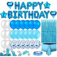thumbnail image 1 of Decoración de fiesta de cumpleaños azul, pancarta de feliz cumpleaños, cortina de flecos azul cielo, mantel de aluminio, globos de confeti de papel de estrella de corazón Feliz Sencillez, 1 of 5