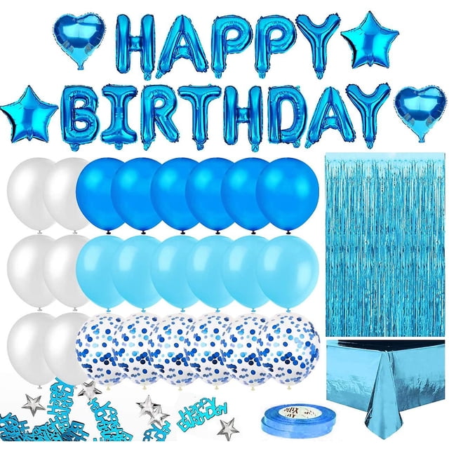 Decoración de fiesta de cumpleaños azul, pancarta de feliz cumpleaños, cortina de flecos azul cielo, mantel de aluminio, globos de confeti de papel de estrella de corazón Feliz Sencillez