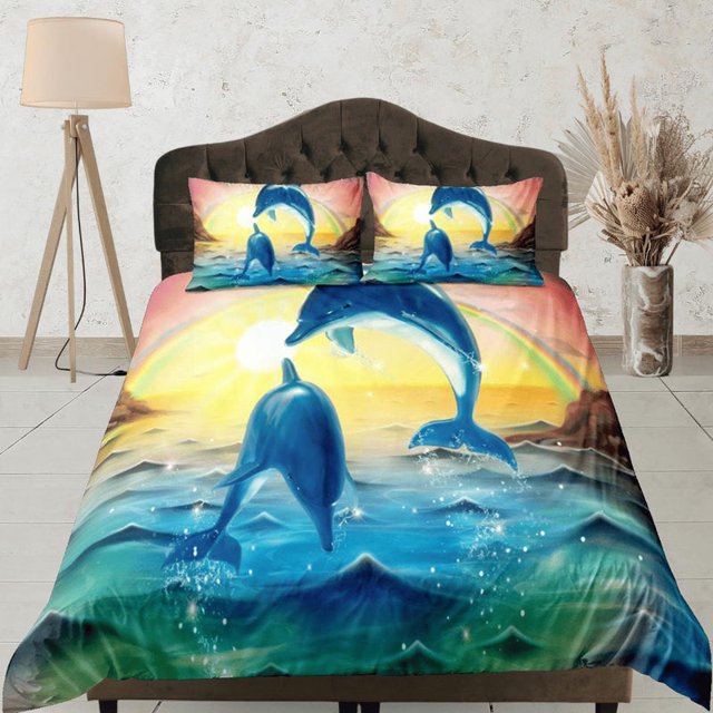 Sunset Dolphins Ropa de Cama Tropical Funda Nórdica, Océano Blush Decoración Nariz de Botella