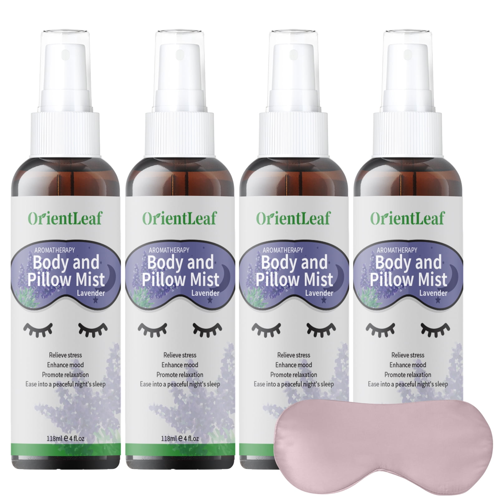 OrientLeaf 4 Pcs Lavender Chamomile Sleep Spray with Eye Mask, Aromatic, Relaxing Pillow Mist, Linen and Fabric Spray, Infused with Natural Aromatherapy Essential Oils, 4 oz