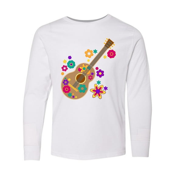 Inktastic Acoustic Guitar with Colorful Flowers Long Sleeve Youth T-Shirt