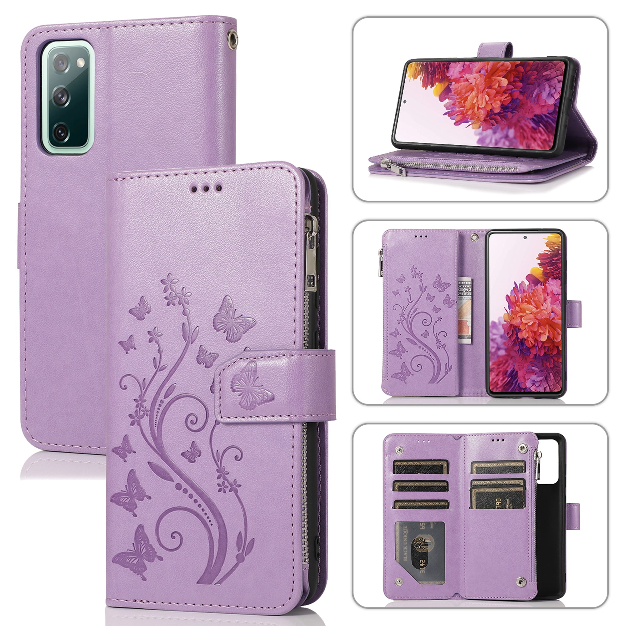Dteck Samsung Galaxy S20 FE (Fan Edition) Case, Folio Case Embossed PU Leather Zipper Pocket Credit Card Holder Wallet Phone Case with Wrist Strap for Samsung Galaxy S20 FE 5G / 4G, Purple