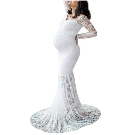 

Lumento Women Maternity Lace Mermaid Gown Off Shoulder Slim Fitted Photo Shoot Wedding Party Prom Dress For Photography Photo Shoot