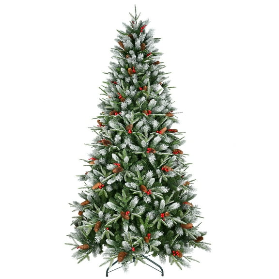 8FT Christmas Tree with 2850 Tips, Red Berries & Pine Cones  Snow-Dusted PE PVC Branches, Hinged Design for Easy Setup, Sturdy Metal Stand  Full, Natural Holiday Tree Decoration