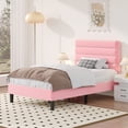 thumbnail image 4 of 4 Ever Winner  Twin Size Platform Bed Frame, Horizontal Stitched Velvet Upholstered Headboard, Wooden Slat Support, No Box Spring Required, Easy Setup, Pink, 4 of 11