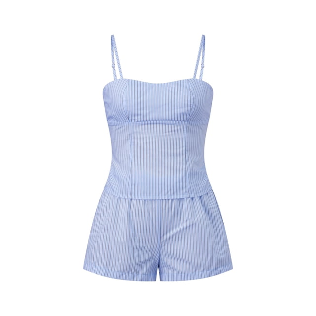 Conjunto de ropa de verano para mujer: top de tirantes finos sin mangas con estampado de rayas y shorts con cintura elástica (2 piezas).