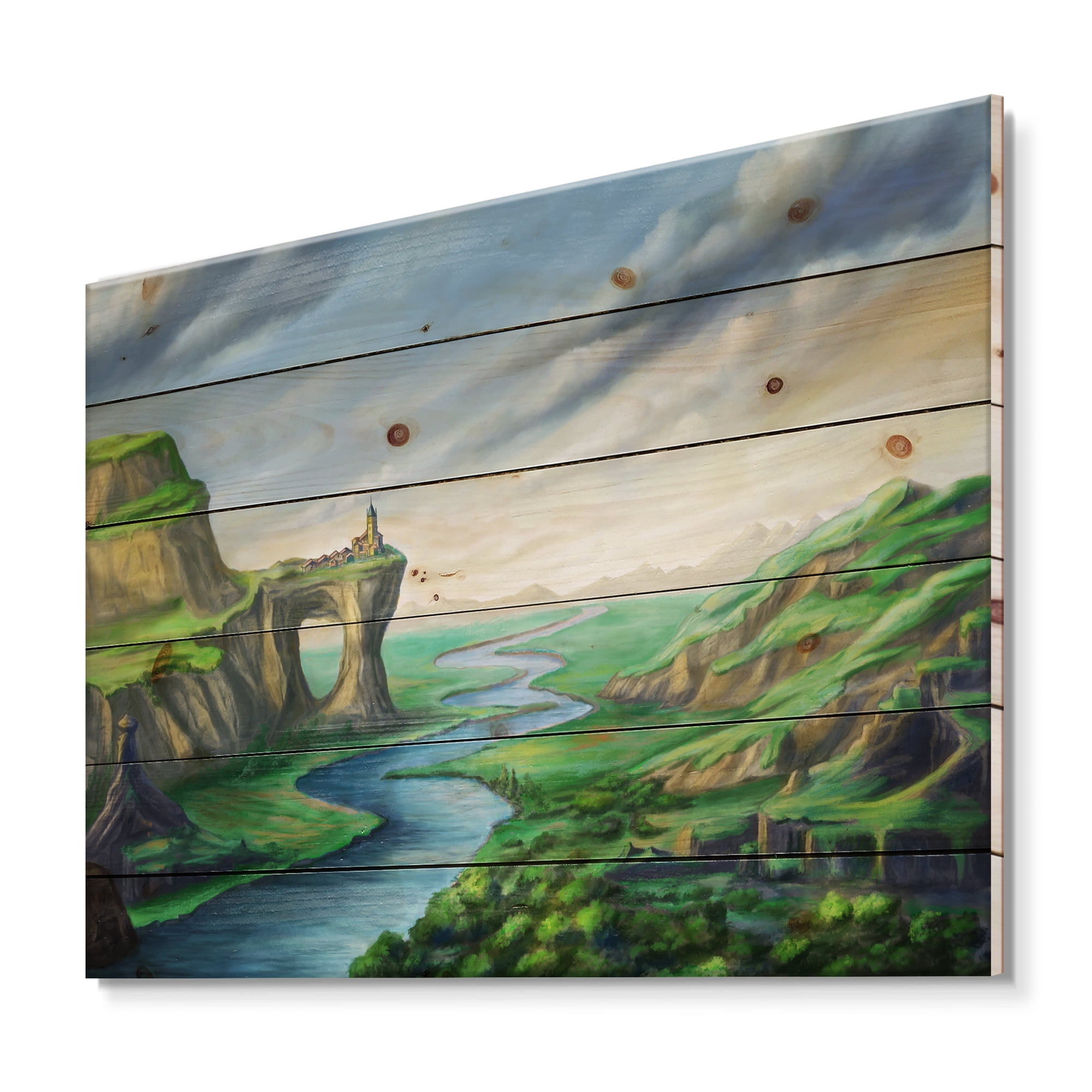 Designart 'Meandering River With Blue Fantasy Landscape' Lake House Print on Natural Pine Wood