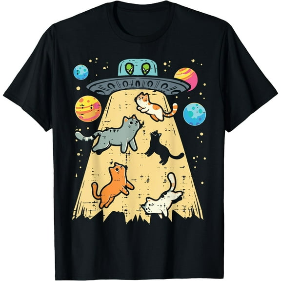 Alien Abduction Cats UFO Flying Saucer Space Unisex T-Shirt for Men Women Kids