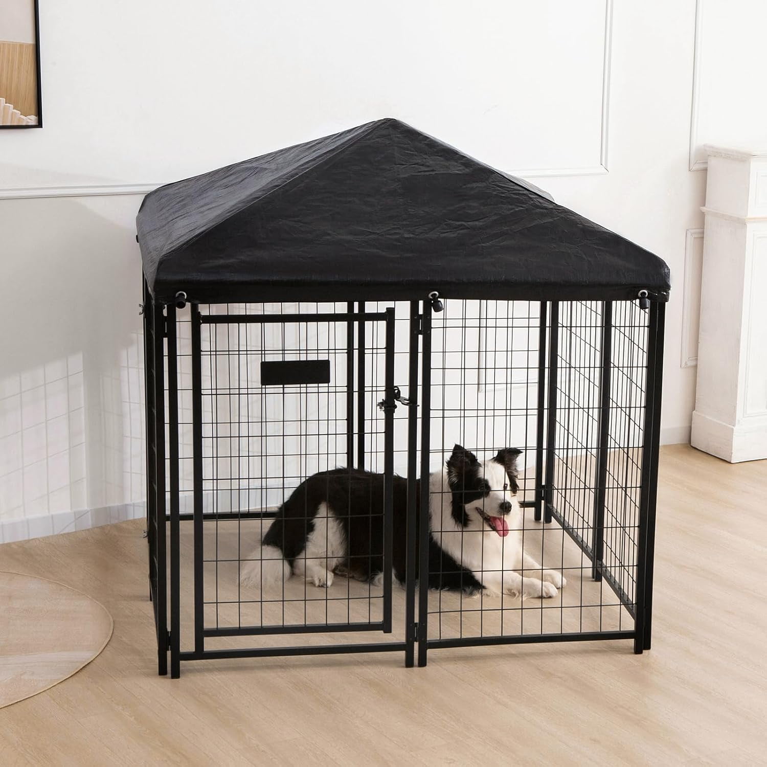 Abba Patio Outdoor Dog Kennel 4ft x 4ft x 4.8ft w/ Waterproof Cover and Lockable Gate, Black