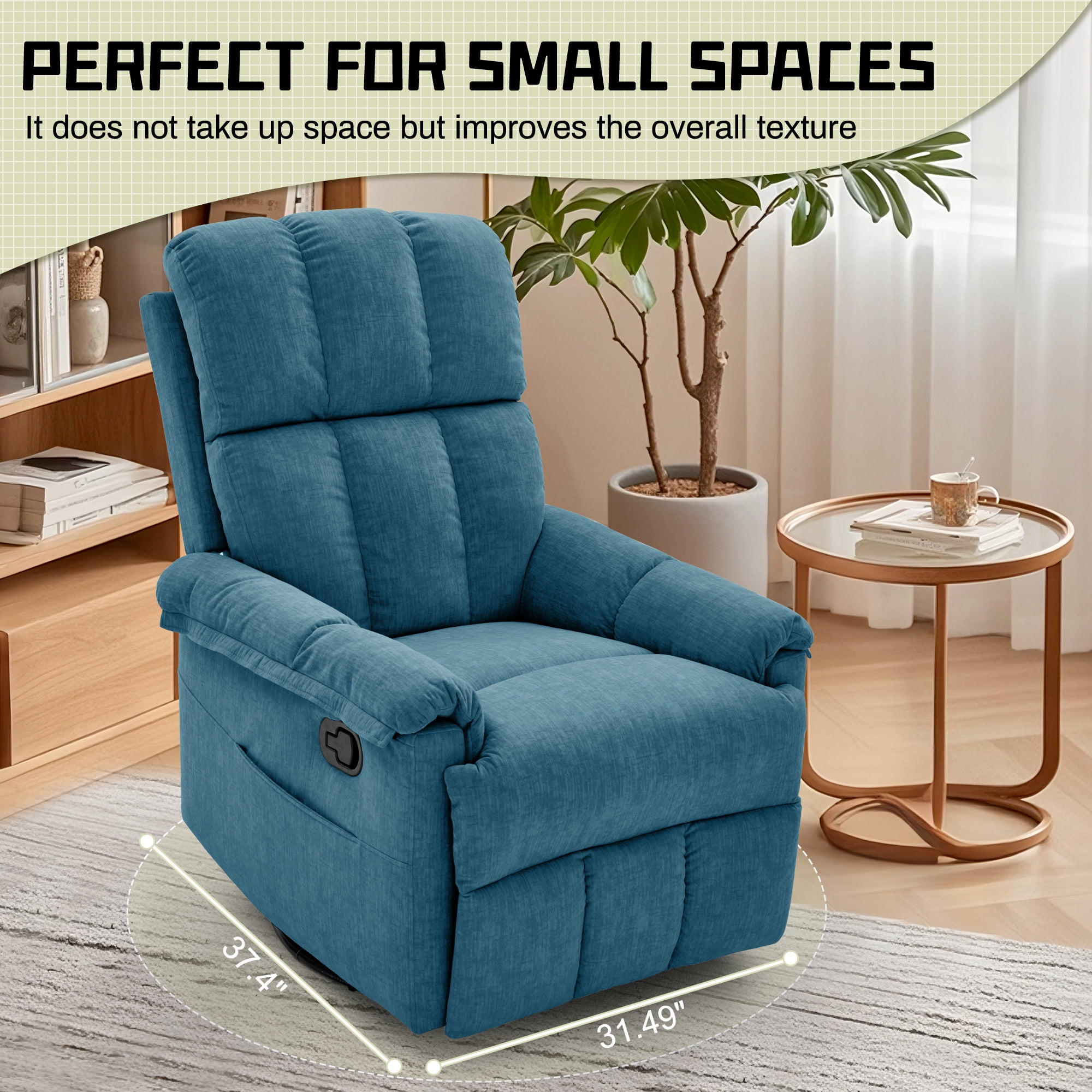 Korser 360°Swivel Recliner Chair for Adults with Side Pockets,Small Rocking Recliner for Small Spaces for Living Room,Nursery,Blue