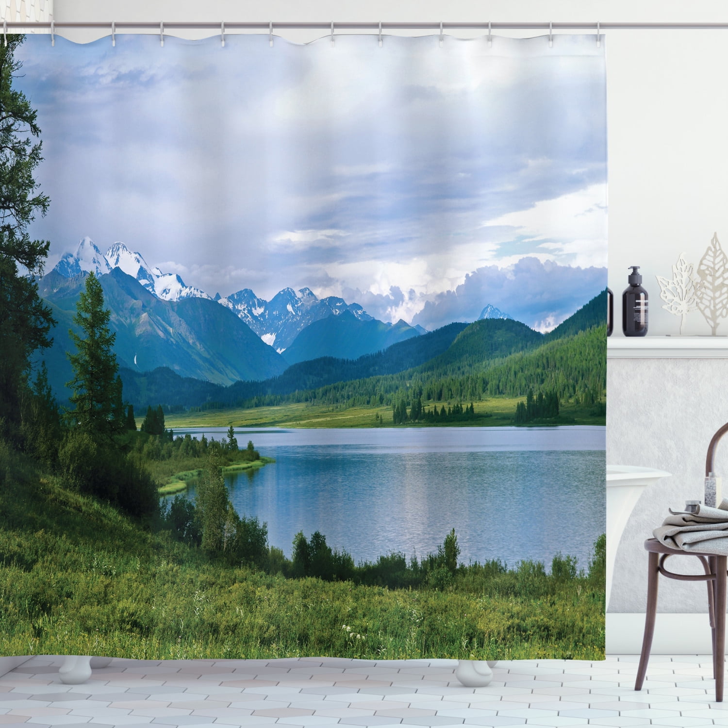 Nature Shower Curtain, Belukha Mountain by the Lake Surrounded Mountain with Snowy Peaks Print