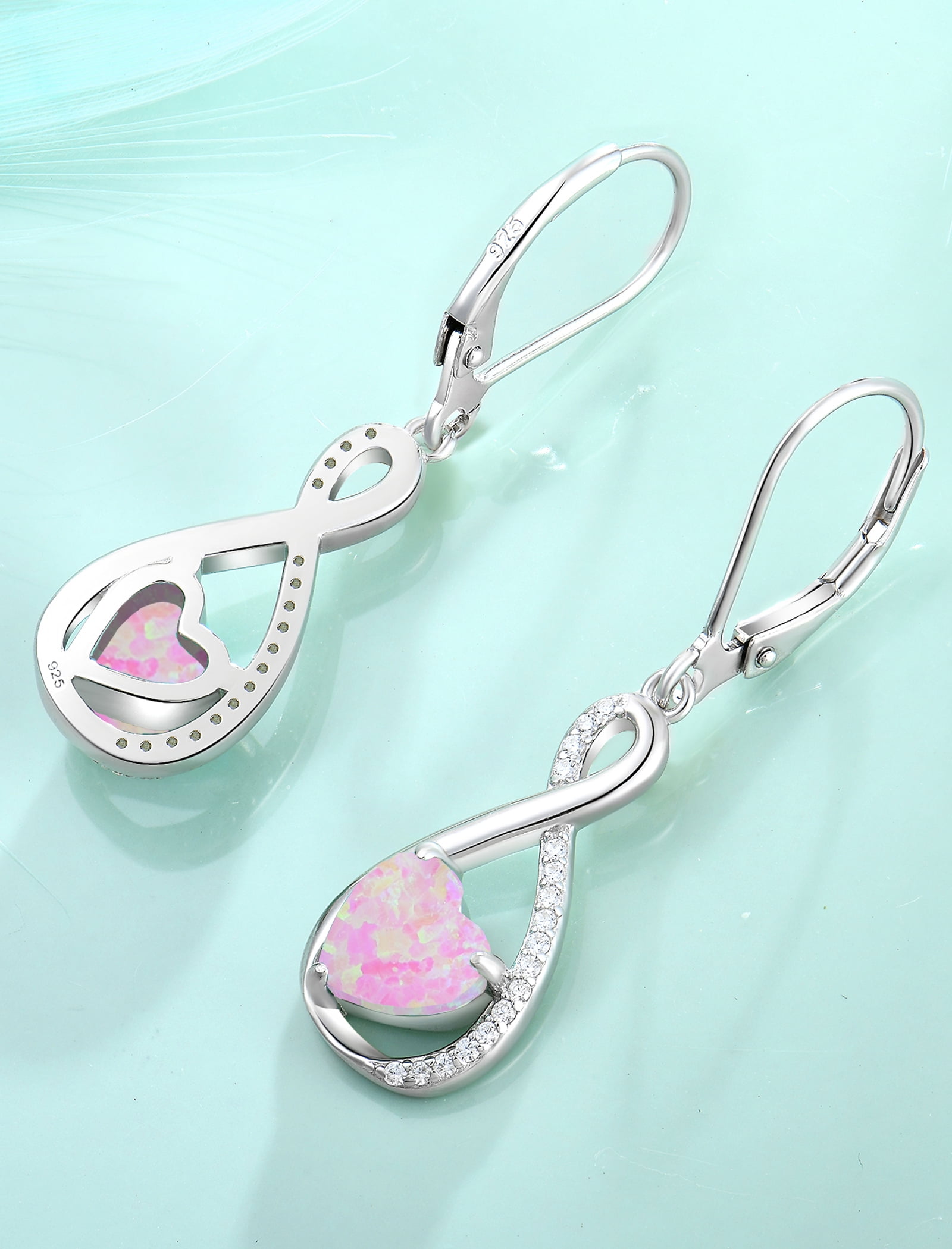 VESITIM Infinity Dangle Leverback Earrings 925 Sterling Silver Heart Earrings Created Pink Opal Jewelry for Women