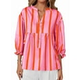 thumbnail image 3 of Blusa de Verano A Rayas con Cuello en V y Mangas Abullonadas para Mujer, Estilo Babydoll, Holgada e Informal Rosa L, 3 of 9